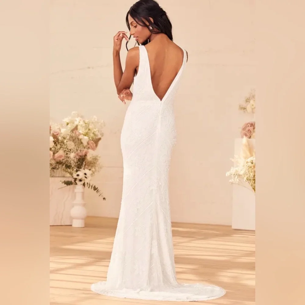 The Sweetest Vows White Beaded Sequin Mermaid Maxi Dress size L - Picture 4 of 5